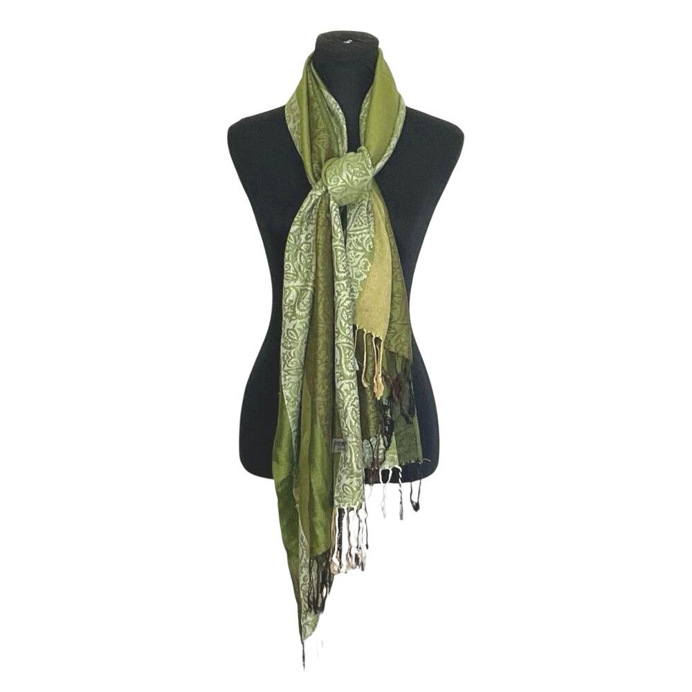 Pashmina Olive Green Paisley Fringe Shawl Wrap Scarf 23x72 Boho 100% Pashmina